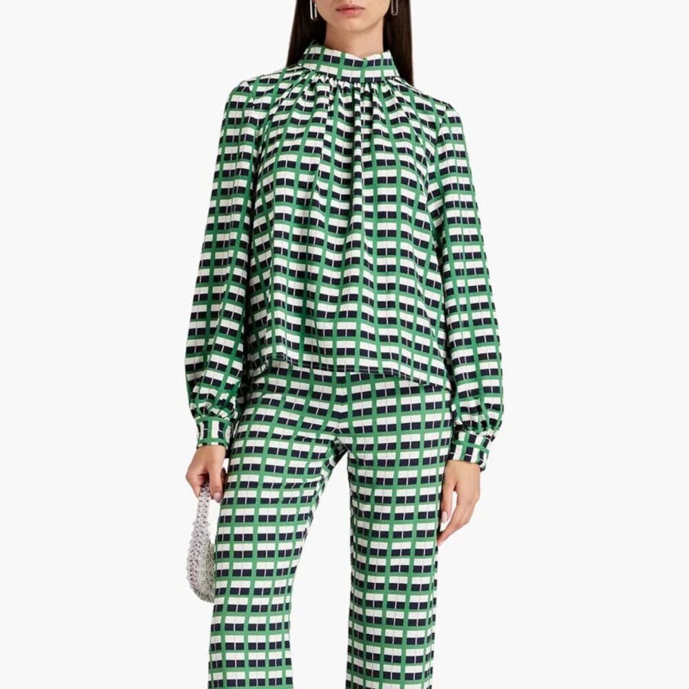 Stine Goya Ashley Checked Cloqué Jacquard Blouse in Green